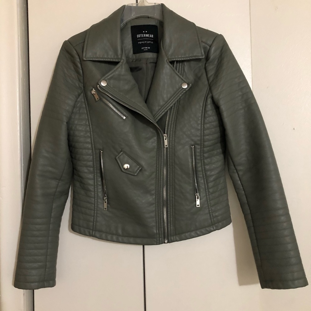 Olive Green Faux Leather Biker Jacket